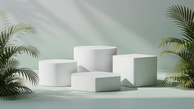 Minimalist white geometric shapes display with tropical green palm leaves and soft natural light
