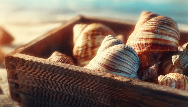 Wooden box filled with seashells on sand.  Beach treasures