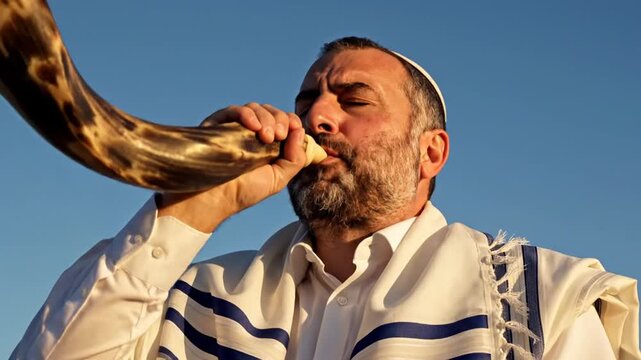 Jewish man blowing a traditional shofar ram's horn.