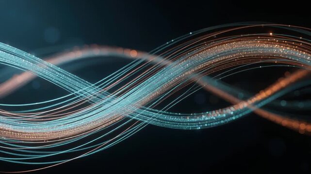 Abstract digital wave background with flowing blue and orange light trails for technology and innovation