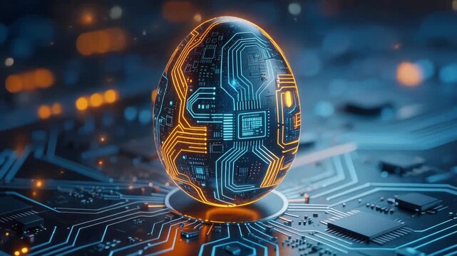 Futuristic glowing digital egg with circuitry design on electronic motherboard background