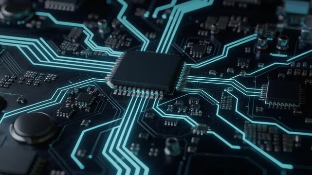 Close up of futuristic computer microchip with glowing circuit board for technology and innovation concept