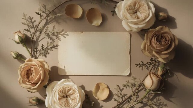Vintage floral frame with beige and cream roses and old paper for wedding invitation or romantic message