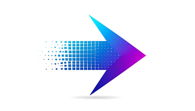Digital arrow dissolving into pixels, moving forward with gradient blue and purple colors, motion and data concept