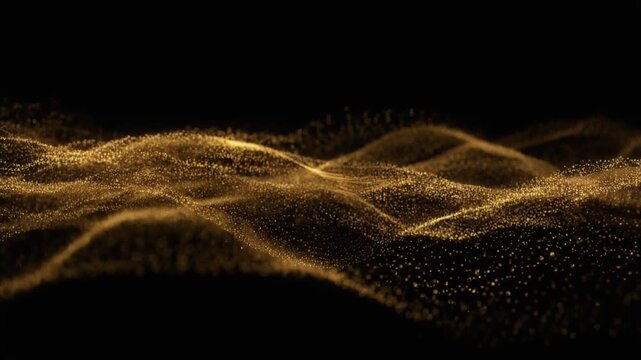 Abstract golden particles wave flow on black background glowing dynamic light motion