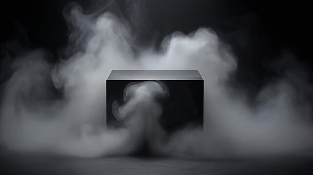 Mysterious black cube surrounded by swirling smoke on dark background atmospheric scene