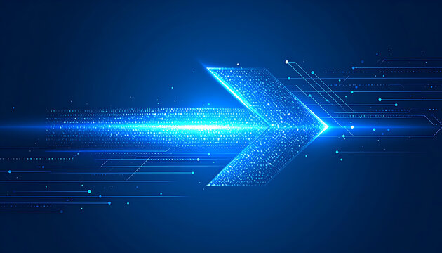 Digital arrow shape composed of glowing particles and light streaks, moving forward on a dark blue background, representing speed and data transfer