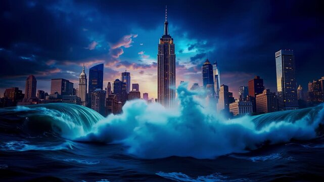 Massive ocean tsunami waves crashing around a generic city skyline during dramatic storm apocalypse