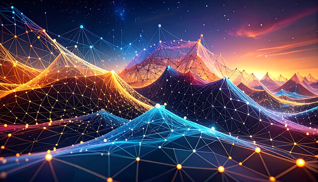 Digital mountain landscape with glowing particles and network connections, representing data flow and technology, beautiful twilight sky with stars