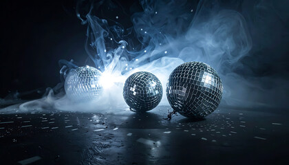 Disco balls reflecting light amid swirling blue smoke and water droplets on a dark surface, creating a vibrant party atmosphere