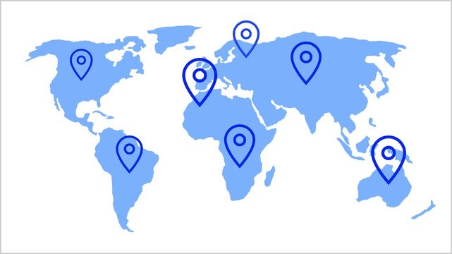 World map with location pins on continents animation