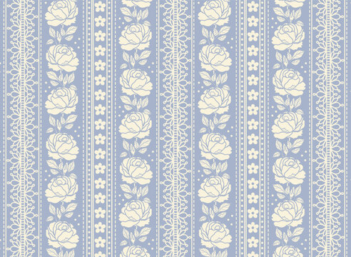 Elegant Victorian seamless stripe pattern with cream roses, lace borders and floral ornaments on dusty blue. Ideal for fabric, wallpaper, wedding, home decor and stationery surface design.