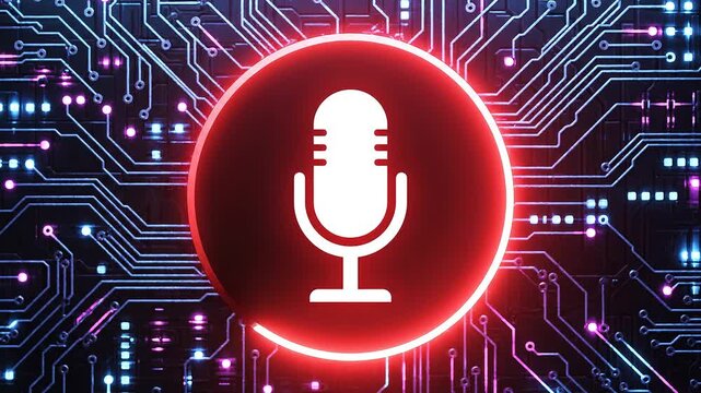 A glowing red circular microphone icon on a neon circuit background, symbolizing audio recording, voice recognition, and digital communication.