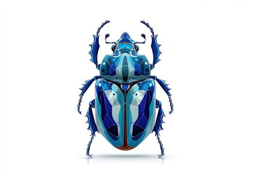 An intricately designed, iridescent blue beetle with striking patterns and segmented legs stands out against a clean, bright background.