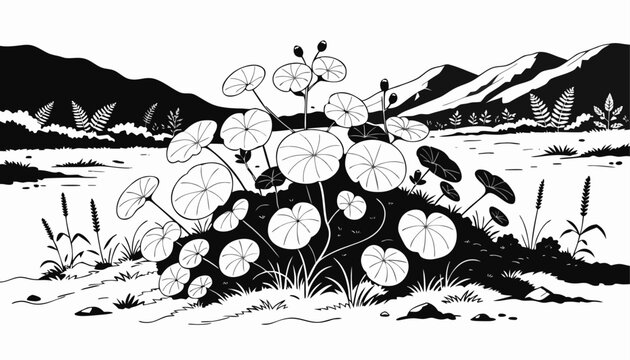 Very beautiful black-and-white engraved vector illustration featuring Gotu Kola growing across a peaceful meadow landscape, with rounded leaves, natural vegetation, distant mountains, and refined mono