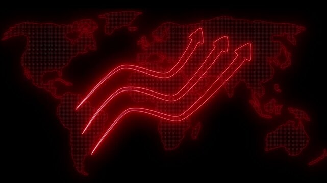 Digital world map with neon arrows, Neon Light Business Arrow Graph Bar Chart Animation