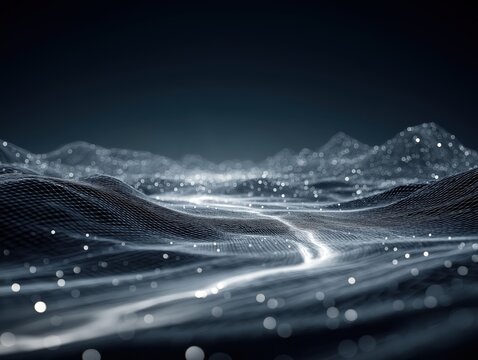 Abstract digital landscape featuring glowing wireframe mountains and data particles flowing across a deep blue dark cyberspace environment