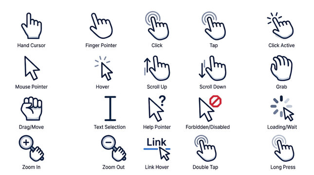 Hand cursor click icon set featuring pointer and click interaction symbols for UI design