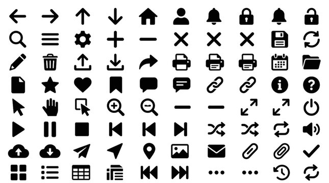 Black vector icon collection for computer commands navigation and user interface elements