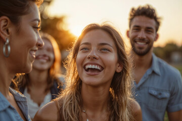 Fototapeta premium Sunset bathes friends in warm golden light. Laughter rings as smiles brighten their faces. Young group shares joyful moments outdoors. Perfect for social, lifestyle, or friendship themes