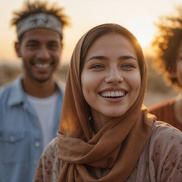 A portrait of a happy Arabian girl in hijab surrounded by friends of different ethnicities, laughing together outdoors at sunset