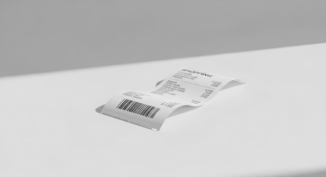 A Single Shopping Receipt Laid Out Flat on a Light Surface, Showing a Barcode and Text Details