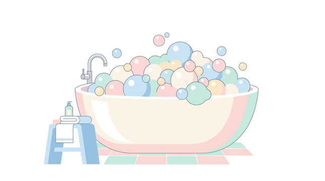 Vector illustration of a modern bathtub filled with vibrant, pastel-colored bubbles, creating a serene and joyful atmosphere for self-care and relaxation