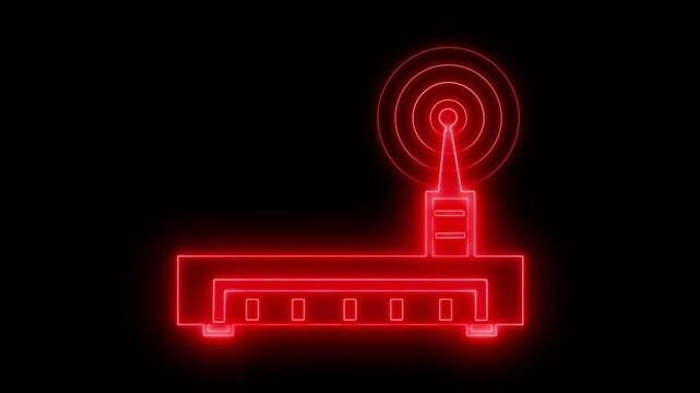 Glowing neon outline of a wireless router with antenna animation on black background