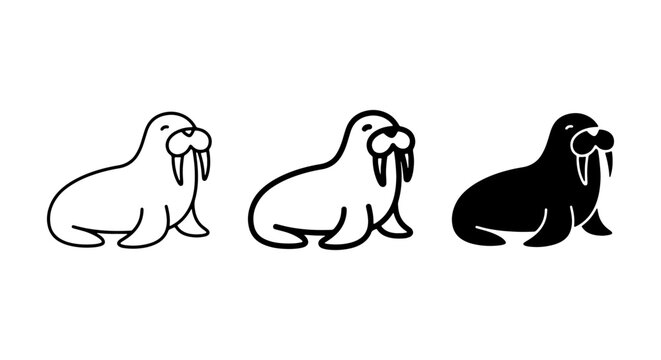 Walrus Icons: Outline, Line Art, Silhouette Vector Set for Arctic Wildlife and Marine Mammal Designs