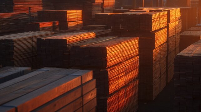 A vibrant sunset casts warm light on stacked lumber, highlighting textures and shadows