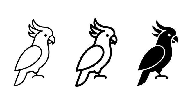Cockatoo Icons Set, Tropical Bird Vector Graphics, Simple Parrot Illustrations, White Black Line Art