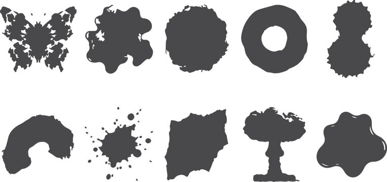 Collection of dark grey abstract ink blots and Rorschach-like shapes on transparent background.