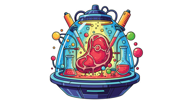 A raw meat cut sits inside a glowing laboratory glass dome surrounded by medical syringes and glass beakers in a vivid, illustrative, scientific experiment setup.