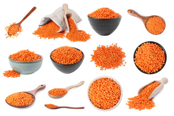 Red lentils isolated on white, set. Edible seeds