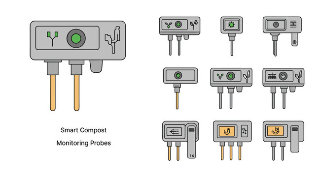 A collection of grey technical monitoring probes for smart composting systems is arranged alongside a larger detailed probe featuring a glowing green status indicator light.