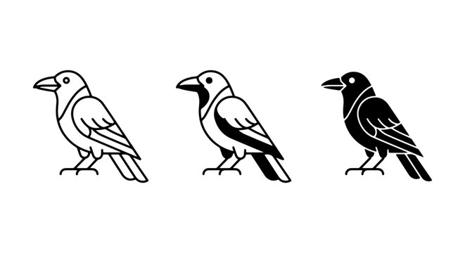 Three Stylized Raven Icons, Black and White Bird Silhouettes, Minimalist Crow Vector Graphics for Design