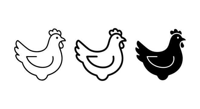 Chicken Icons Set, Farm Animal Vector Graphics, Poultry Silhouette Collection, Simple Line Art and Solid Fill