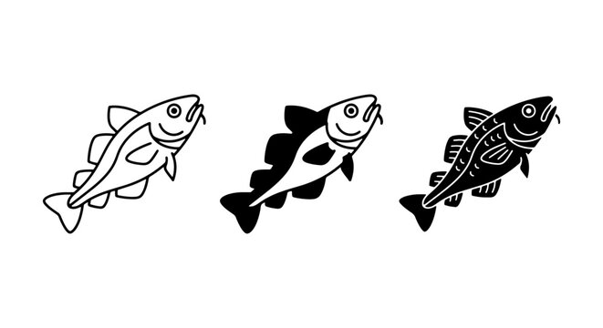 Cod Fish Vector Icons Set, Marine Life Seafood Illustrations, Simple Outline and Silhouette Graphics