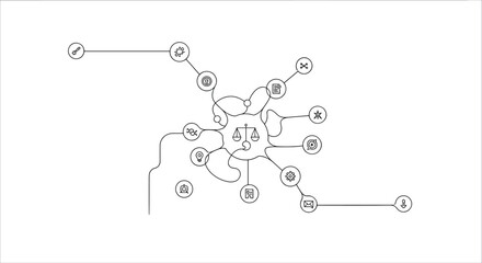 Fototapeta premium A complex network diagram featuring a central balance scale icon connected to various smaller technical icons via flowing organic lines set on a clean white background.