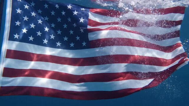 American flag waving submerged underwater with light rays creating patterns