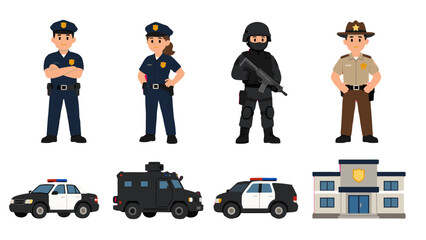 Police officers, tactical unit, patrol cars and station vector set © icon_art