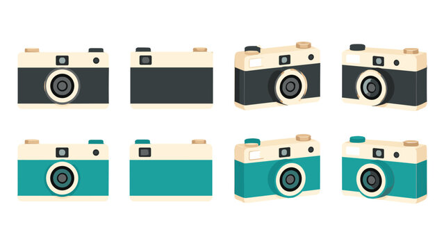 Set of retro compact camera icons in front and angle views