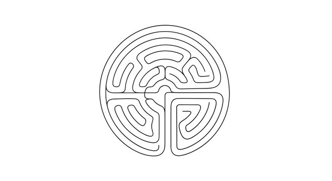 A circular labyrinth maze puzzle is illustrated with a single continuous black line on a plain white background creating a complex geometric pattern and structural form.