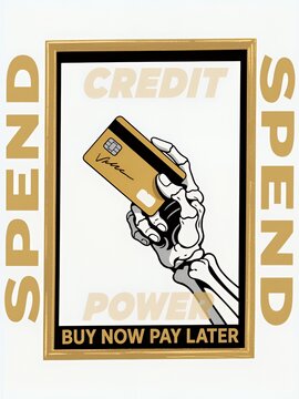 Skeleton Hand Holding Gold Credit Card: Buy Now Pay Later Spending Power