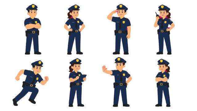 Cartoon police officers in uniform with different poses set