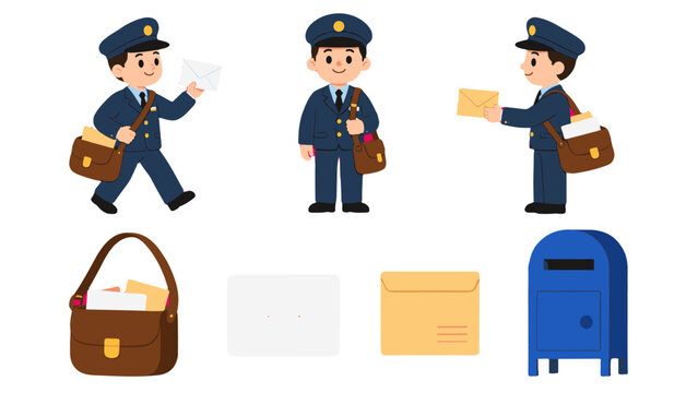 Cartoon mail carrier characters with envelopes and mailbox set