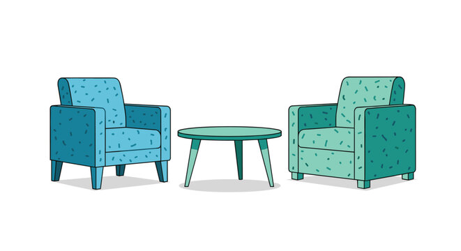 Two comfortable armchairs featuring speckled blue and green upholstery are positioned symmetrically around a low round central table in a minimalist flat cartoon living room.