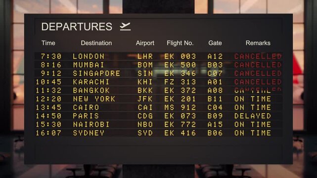 Departures board LED tracks canceled Middle East flights in a CG animation against a blurred airport terminal. Broadcast news B-roll, Aviation fuel crisis, travel disruption content.