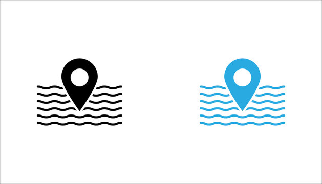 Minimal outline icon set . showing a location pin above water waves representing water resources, marine mapping, coastal navigation, and geographic positioning concepts.
