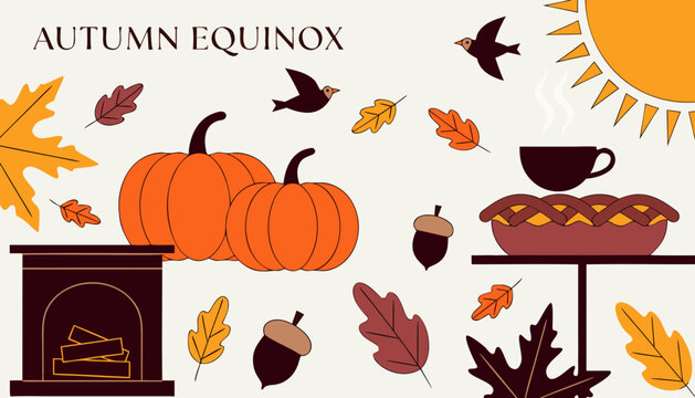 Autumn equinox, fall season, pumpkin pie, Thanksgiving icons, vector set